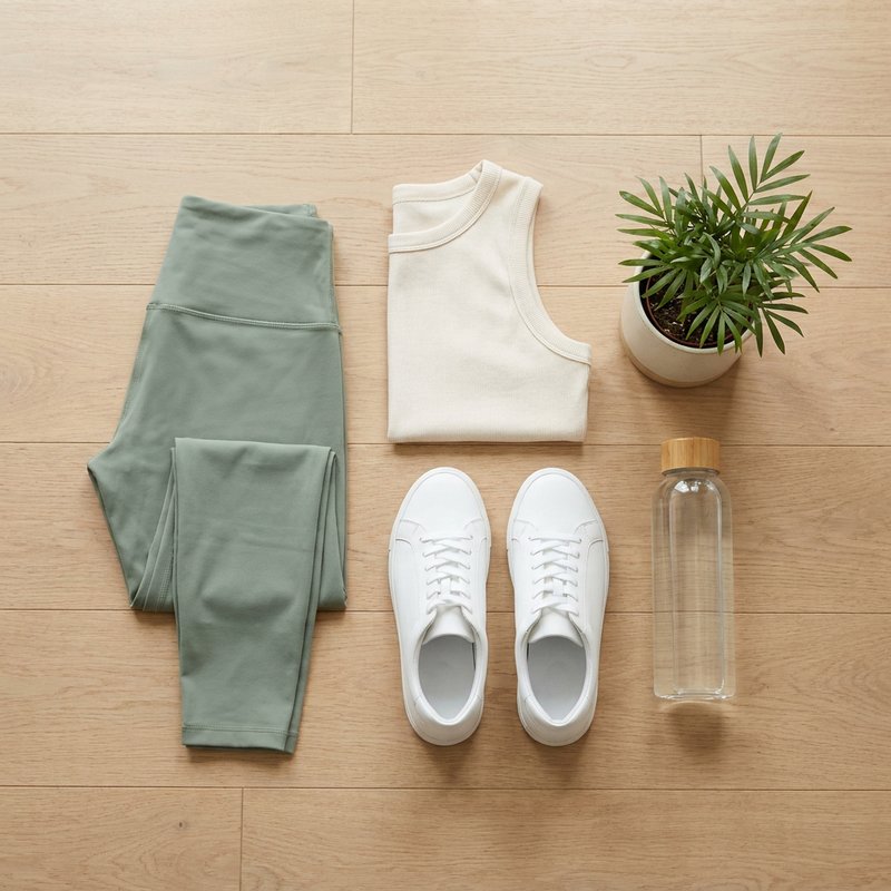 Folded sage activewear with sneakers and water bottle