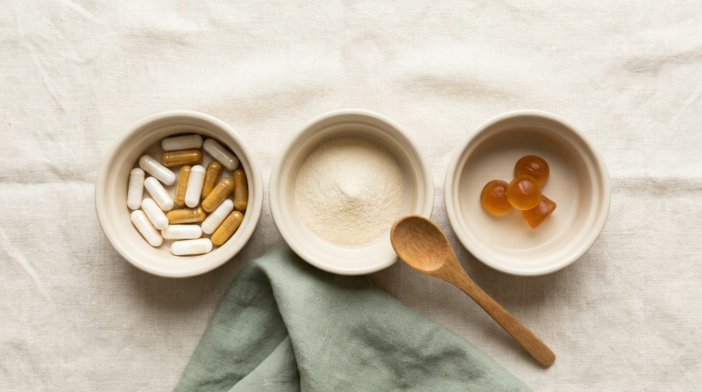 Three small ceramic ramekins of capsules, powder, and gummies
