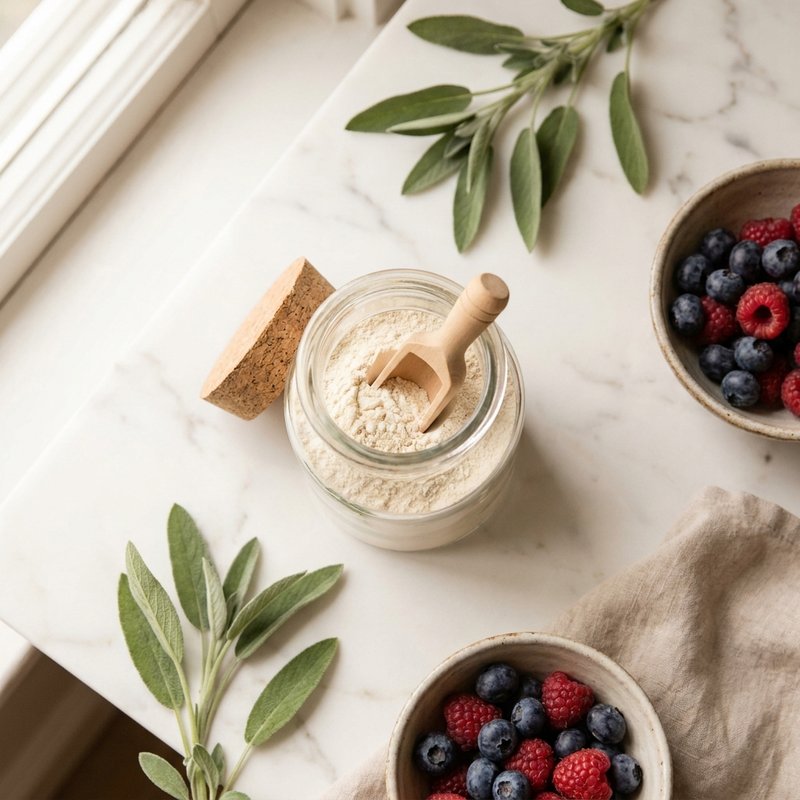 Collagen powder in apothecary jar with wooden scoop