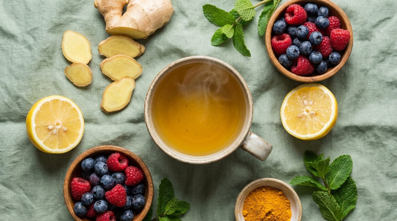 A flat lay with herbal tea, ginger, lemon halves, berries, and mint on sage linen