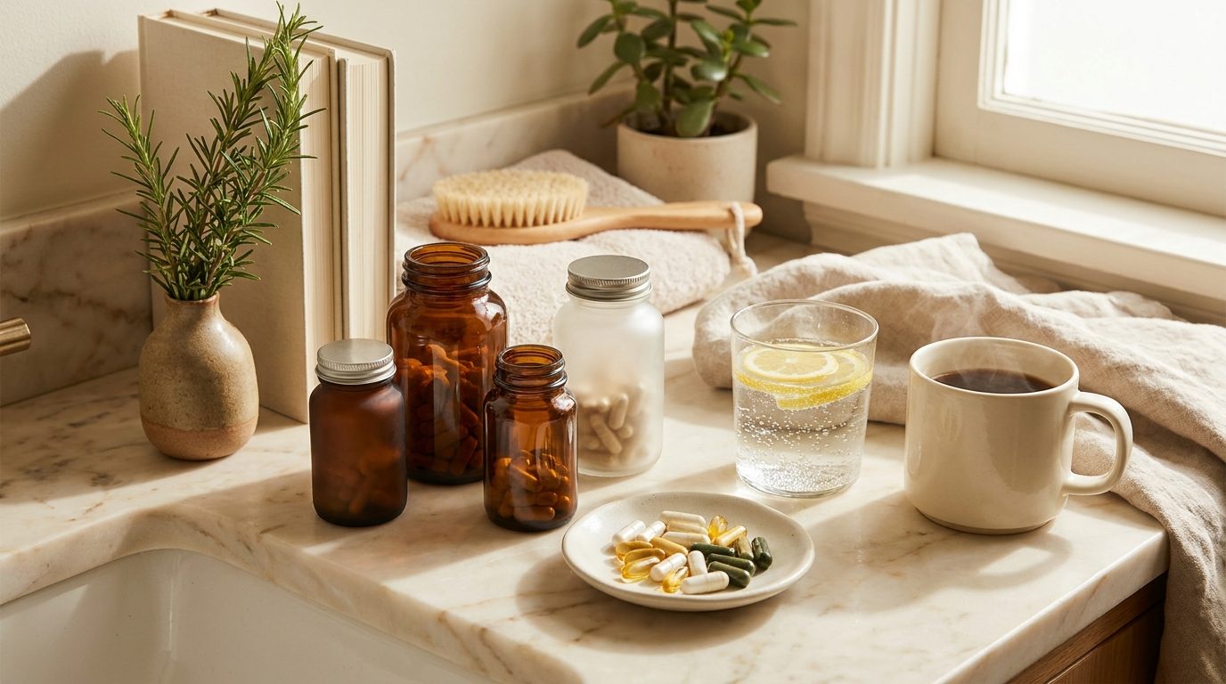 A bathroom counter with a ceramic dish of capsules