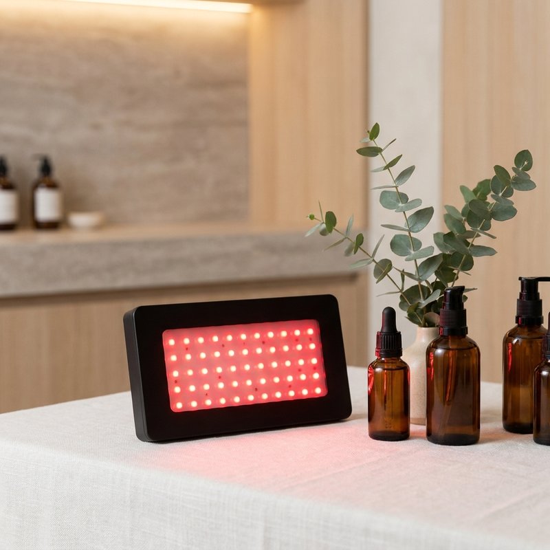 Red light therapy panel glowing in a spa setting