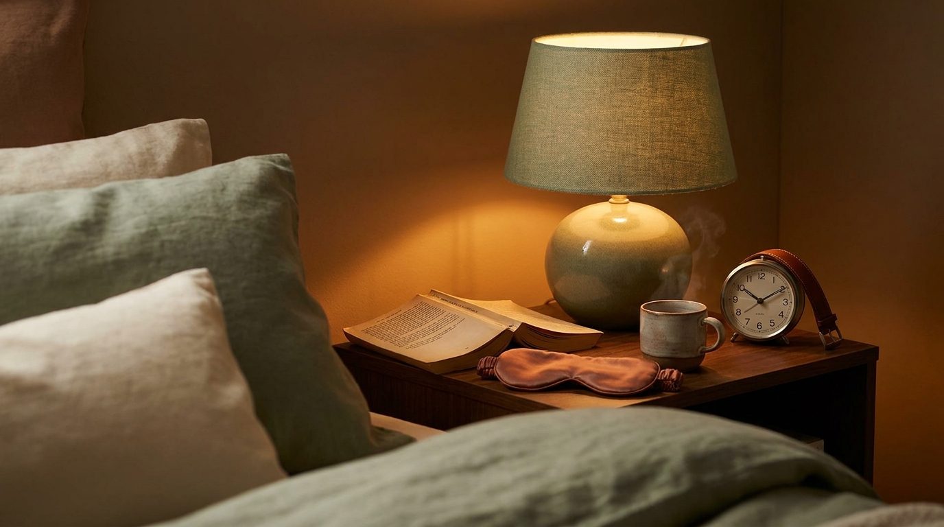 A bedside scene with a sage-shaded lamp, open book, folded eye mask, ceramic mug, and vintage alarm clock in warm low light