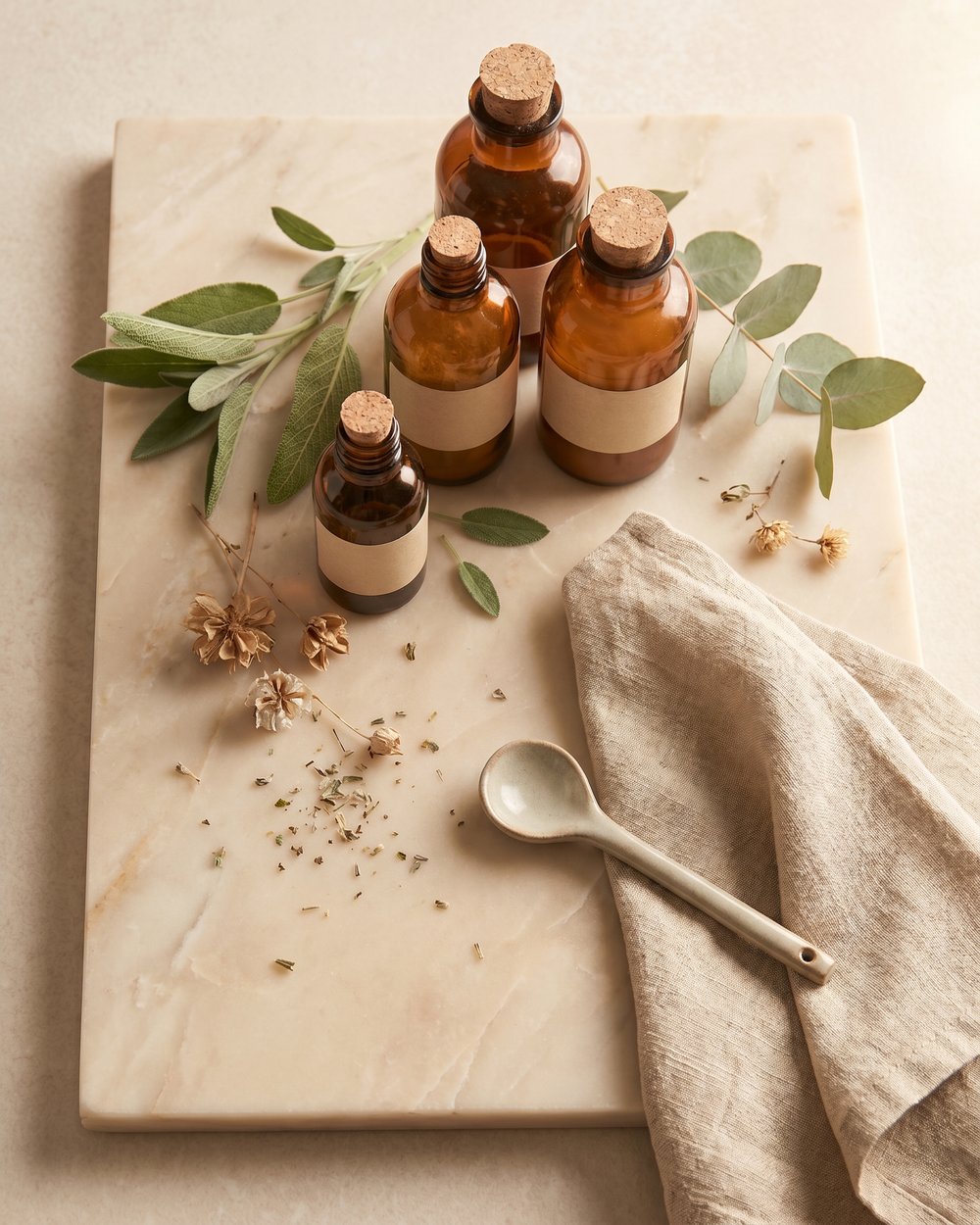 Wellness essentials beautifully arranged on a cream marble surface